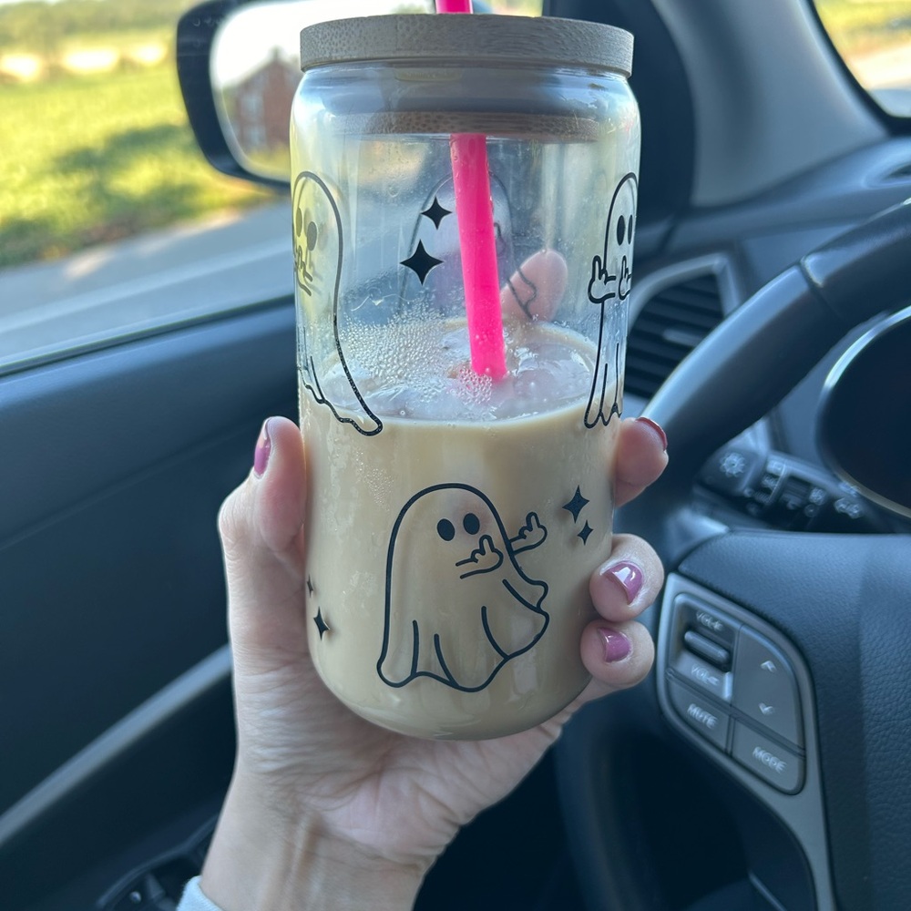Ghost Design Glass Tumbler with Pink Straw